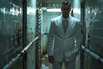Composed man in an elegant white suit stands with an air of determination in a dilapidated prison corridor
