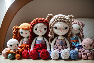 Amigurumi, small figures of people knitted from multi-colored threads.