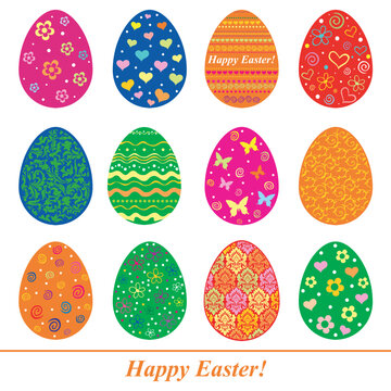 Set of Easter Eggs isolated on White background. Pattern in a shape of an egg. Vector Illustration