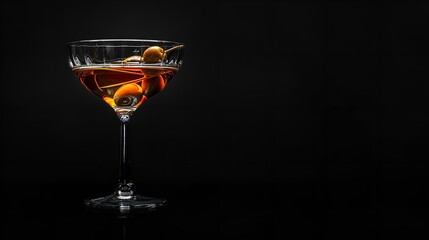 Olives in a martini glass against a pure black background with a big empty space for text or product, Generative AI.