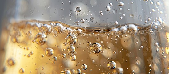 A macro shot of a champagne flute filled with water, showcasing bubbles floating to the surface. The shallow depth of field creates a soft focus effect, emphasizing the bubbles in the foreground. - obrazy, fototapety, plakaty