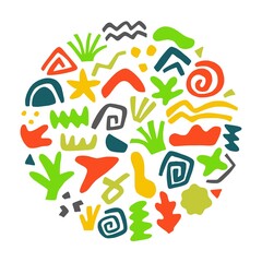 Round illustration with decorative abstract figures and colorful hand-drawn drawings in the doodle style