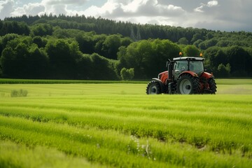 an agricultural farming vehicle tractor working harvesting on a field of green crops