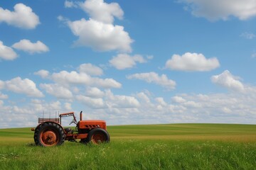 Obraz premium an agricultural farming vehicle tractor working harvesting on a field of green crops