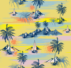 summer beach pattern, Colorful Summer Tropical island hand drawing style design for fashion Pattern  © sumonsharif