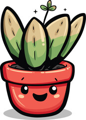 cute adorable smile green plant in the red pot