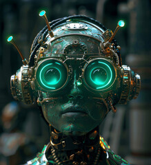 Fototapeta premium Close-up of a detailed futuristic robot head featuring illuminated green eyes, and intricate mechanical details.