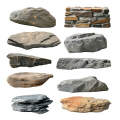 Collection of flat rocks stone podium for item display on white or transparent background