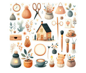 Autum cozy objects watercolor illustration, beautiful stock clip art illustration, cozy watercolor illustration, hygge style illustration