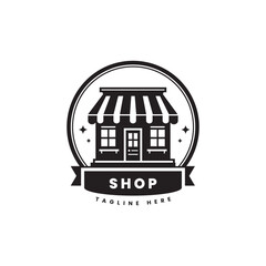 Minimalist style shop logo, with a shop building silhouette. For marketing logos, sales business logos or product sales.