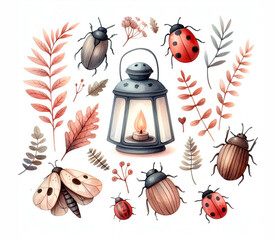 Cute insects watercolor illustration, hygge style