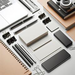 Card mockup, mockup business card in office background with analog camera, contemporary style