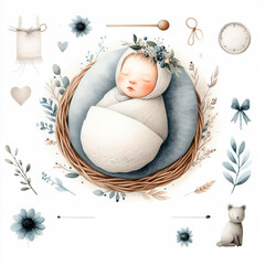 Cute newborn watercolor illustration, beautiful stock clip art illustration set with hand drawn for postcards, baby showers with blue colours