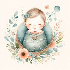 Cute newborn watercolor illustration, beautiful stock clip art illustration set with hand drawn for postcards, baby showers with soft colours