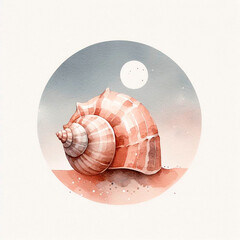 Shell watercolor illustration with moon, watercolor illustration