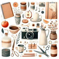 Autum cozy objects watercolor illustration, beautiful stock clip art illustration, cozy watercolor illustration