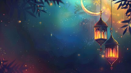 Beautiful bright background on the theme of the Muslim, Arabic holiday of Ramadan with its attributes. AI Generated