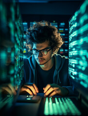 young computer programmer or hacker. corpped shot of him between screens with data - obrazy, fototapety, plakaty