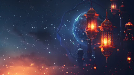 Beautiful bright background on the theme of the Muslim, Arabic holiday of Ramadan with its attributes. AI Generated