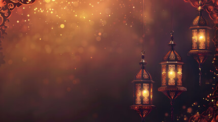 Fototapeta premium Beautiful bright background on the theme of the Muslim, Arabic holiday of Ramadan with its attributes. AI Generated