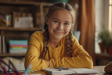 Smiling Young Girl with Braided Hair Doing Homework at a Wooden Table