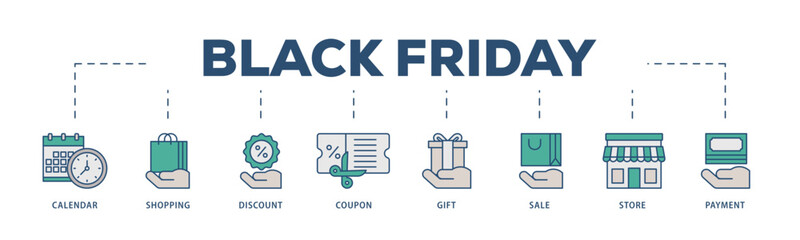 Black friday icons process structure web banner illustration of calendar, shopping, discount, coupon, gift, sale, store, payment icon live stroke and easy to edit 