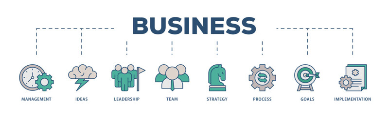 Business icons process structure web banner illustration of management, ideas, leadership, team, strategy, process, goals, and implementation icon live stroke and easy to edit 