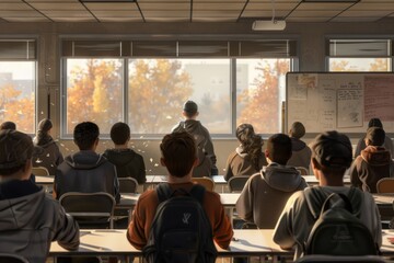 Rear View of Attentive Students in a High School Classroom with a Teacher Leading the Lesson