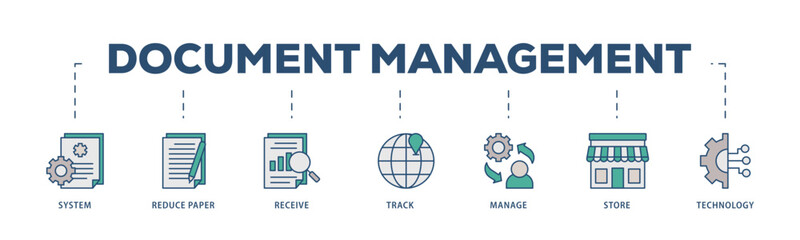 Document management icons process structure web banner illustration of system, reduce paper, receive, track, manage, store, cloud and technology icon live stroke and easy to edit 