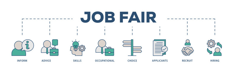 Job fair icons process structure web banner illustration of the information, advice, skills, occupational, applicants, recruit, and hiring icon live stroke and easy to edit  - obrazy, fototapety, plakaty