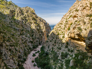 Mallorca, Torrent de Pareis canyon aerial drone view from above