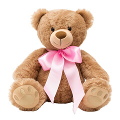 Teddy bear with pink ribbon on white or transparent background