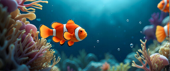 Clownfish Swimming in a Beautiful Coral Reef Seascape