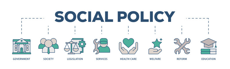 Social policy icons process structure web banner illustration of education, reform, services, welfare, health care ,legislation, society, government icon live stroke and easy to edit 