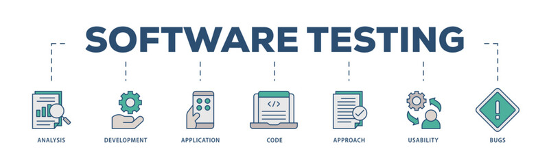 Software testing icons process structure web banner illustration of bugs, code, usability, approach, application, development, analysis icon live stroke and easy to edit 