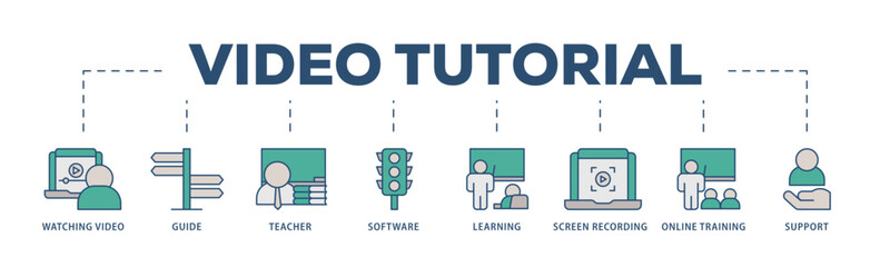 Video tutorial icons process structure web banner illustration of watching video, guide, teacher, software, learning, screen  recording, online training, support icon live stroke and easy to edit 