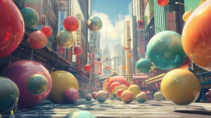 Obraz premium Gigantic Colorful Spheres Blocking Urban Street Intersection in a Surreal Cityscape