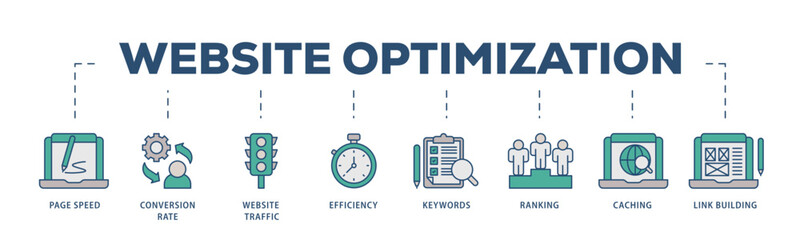 Website optimization icons process structure web banner illustration of page speed, conversion rate, website traffic, efficiency, keywords, ranking, caching  icon live stroke and easy to edit  © kirale