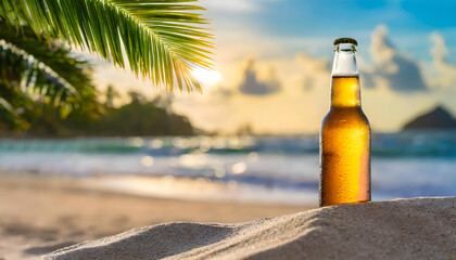 Beer bottle on Sand with blurred Palm and tropical beach bokeh background, Summer vacation