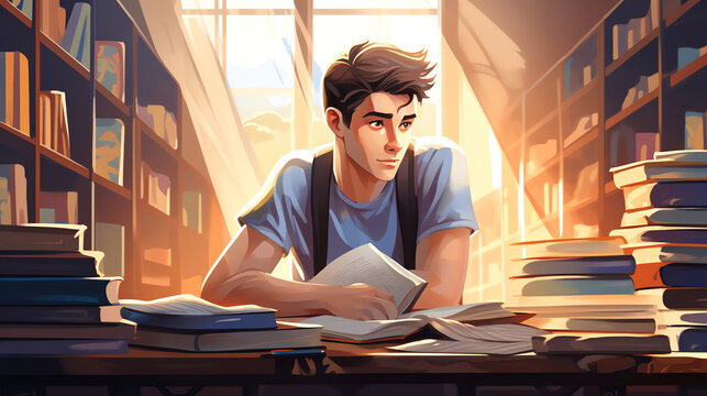 illustration of a teenager with a backpack studying in a library, exams concept