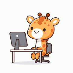 Animal Tech, Giraffe Engaged in Computer Work in Flat Design Illustration