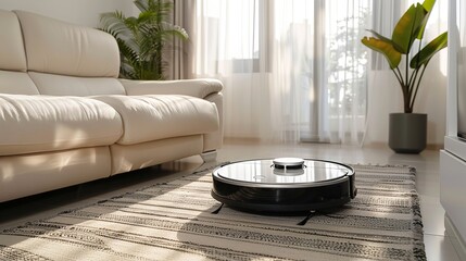 The decor of a sleek white room has an interactive robot vacuum cleaner for digital cleaning and space, Generative AI.