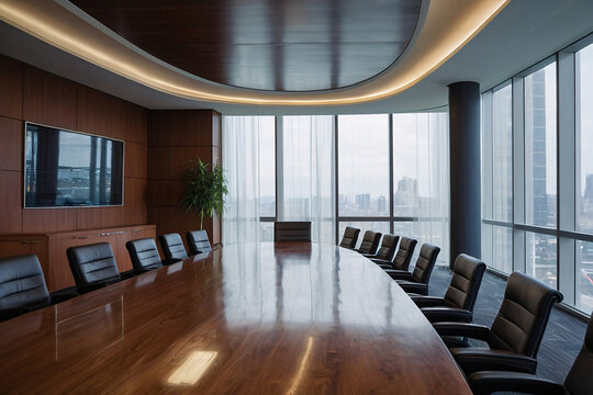 Modern conference room interior with wooden floor and black armchairs. Generative AI