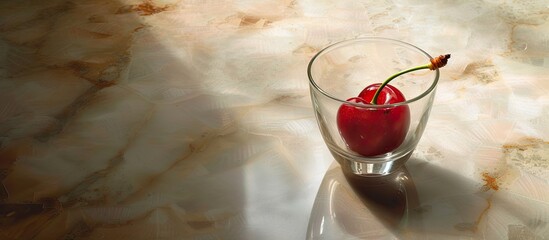 A single cherry sits elegantly inside a transparent glass on a smooth marble table. The cherrys vibrant red color contrasts beautifully with the white surface underneath.