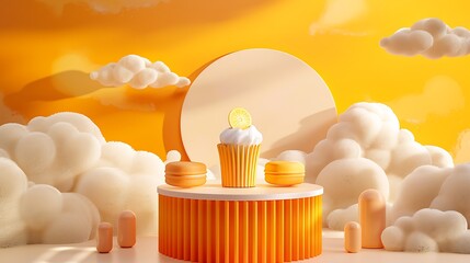 3d rendered cute sun, white clouds, and product display podium. Generative Ai