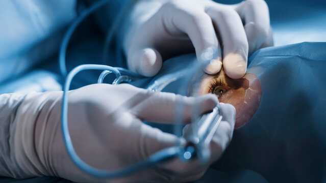 Open eye. Patient under sterile cover. Close-up. Laser vision correction. Patient and surgeon in operating room during ophthalmic surgery or diagnosis.