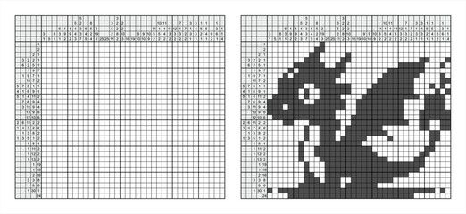 Black and white pixel art Dragon.  Japanese crossword puzzle. Kids and adult mathematical mosaic. Nonogram. Logic puzzle game. Digital rebus. Vector illustration