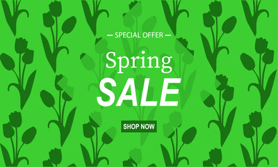 Green background for the spring sale banner with a beautiful tulip. A banner or poster. Used as an illustration or background