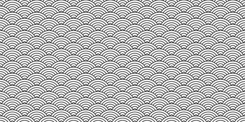 Vector pattern with circles. Japanese Seigaiha seamless pattern. Pattern in black and white colors. Seamless pattern with waves. Asian ornament. Traditional motif. Fish scale on white background.