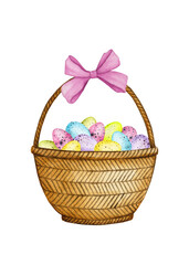 Easter basket with colored eggs. Easter composition. Hand drawn watercolor illustration. Easter, spring, holiday. Design for greeting cards, invitations, posters.

